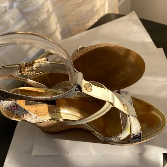 Louis Vuitton cork platform wedges multi-color Murakami leather  heels 38.5 - Picture 9 of 9
